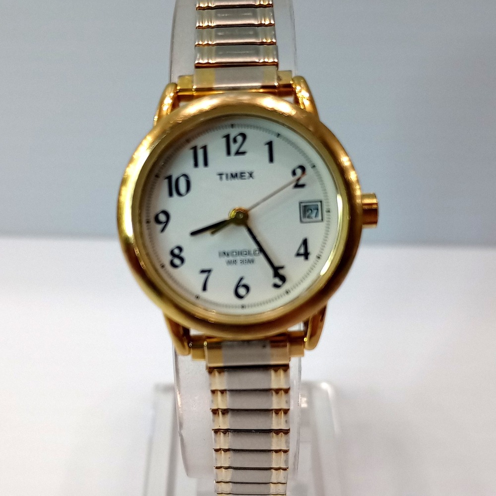 Timex Indiglo Quartz Watch Gold‎ Tone White Dial Date Stretch Band New Battery